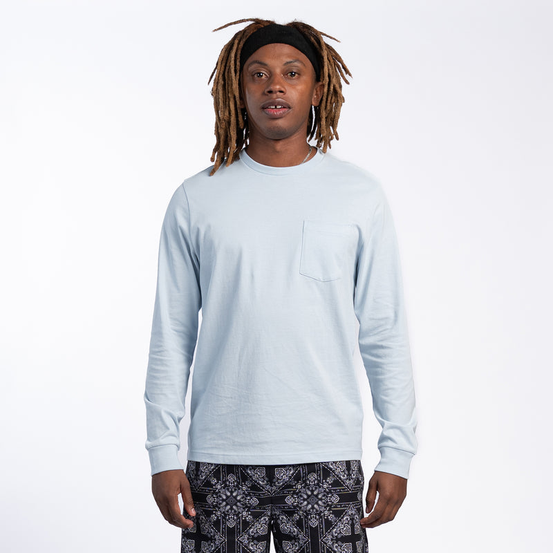 Men's sky blue long-sleeve work shirt, crew neck, single chest pocket