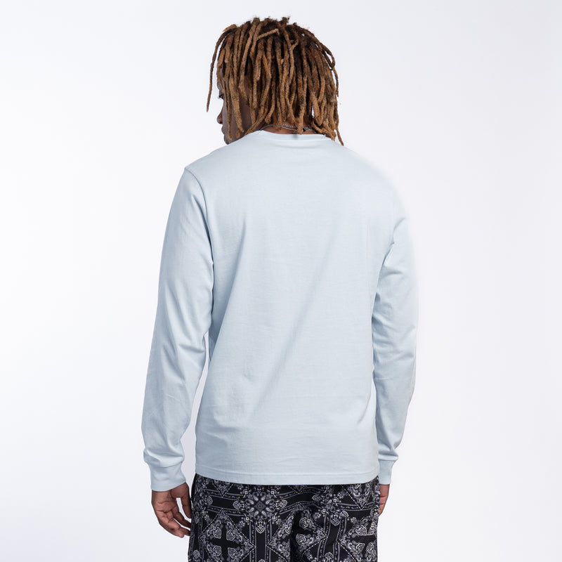 Men's sky blue long-sleeve work shirt back view