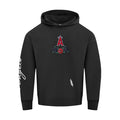 Men's black pullover hoodie with front team A logo and long sleeve text print