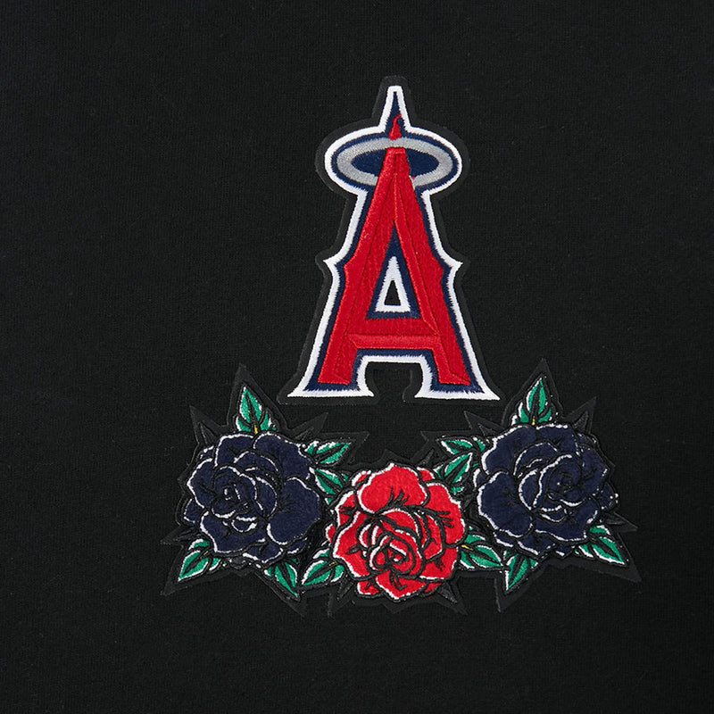 Embroidered team A crest with red rose and blue flowers on black fabric