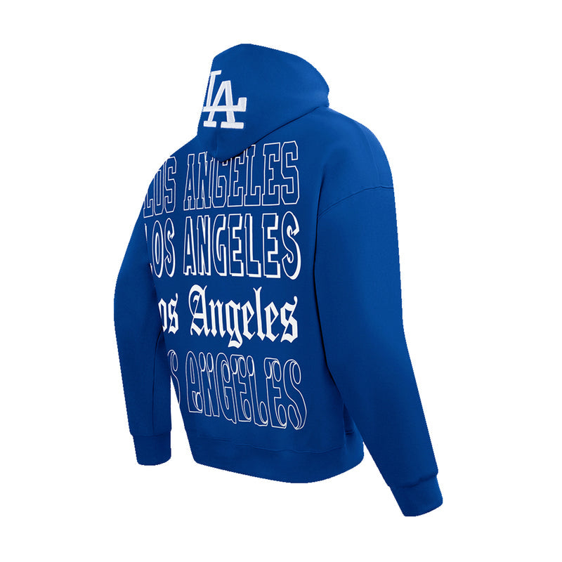 Men's navy hoodie with LA and Los Angeles text graphic on back