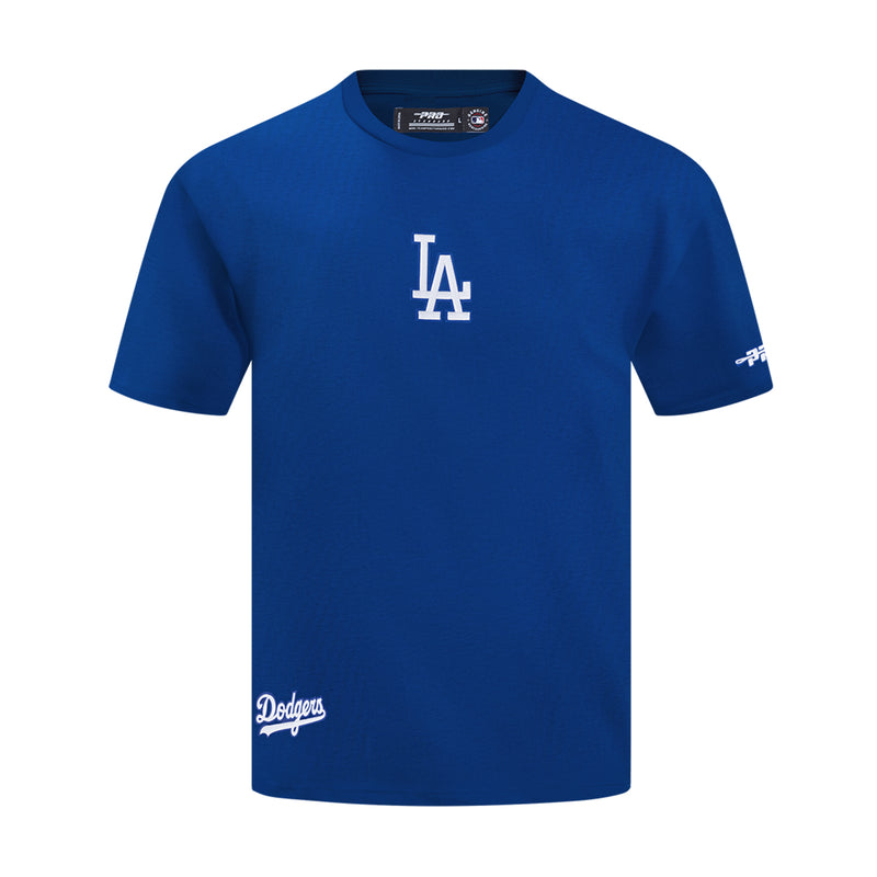 Men’s blue Dodgers T-shirt with LA logo on the chest and Dodgers script at hem