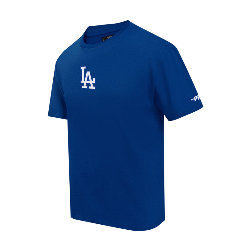 Men’s blue Dodgers T-shirt with LA logo on the chest and small sleeve graphic