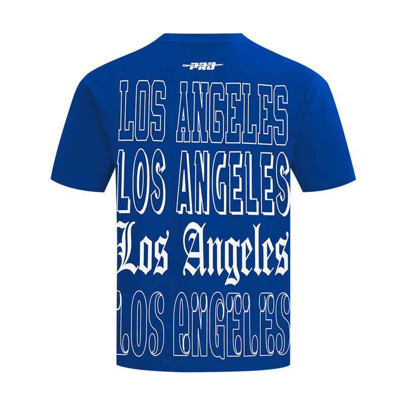 Men’s blue Dodgers T-shirt with large stacked “Los Angeles” graphic on the back