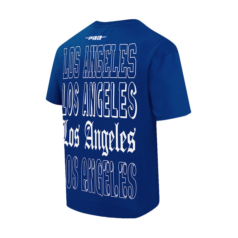 Men’s blue Dodgers T-shirt with “Los Angeles” graphic on the back yoke and sleeves