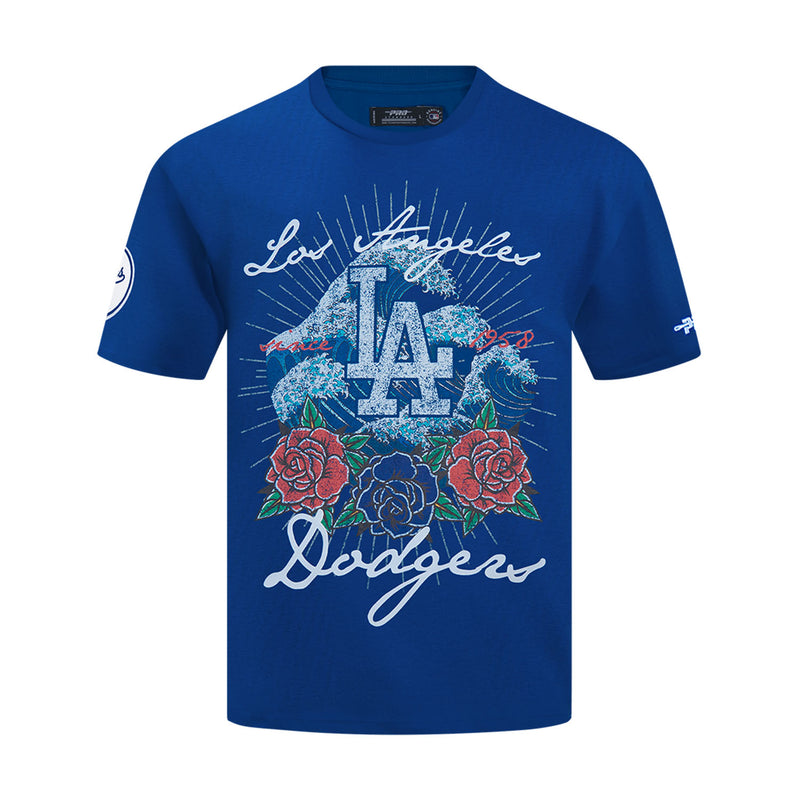 Men's blue Dodgers tee with LA wave, roses, and decorative Dodgers script front graphic