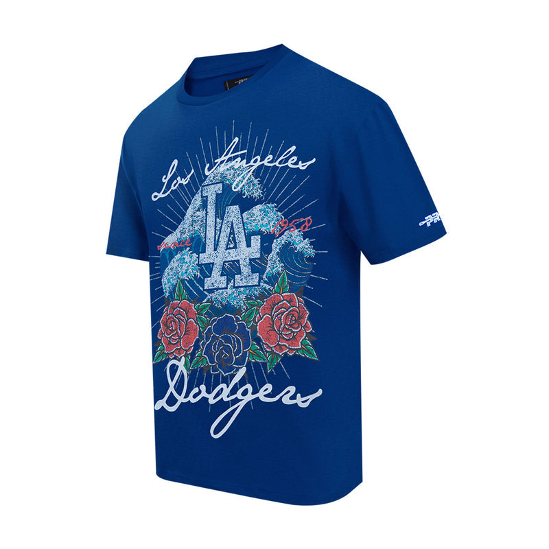 Men's blue Dodgers tee with LA wave and rose front graphic, Dodgers script at bottom