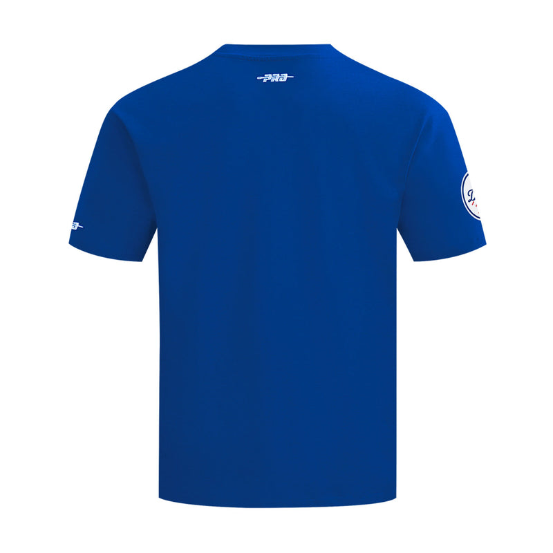 Men's blue Dodgers tee, plain back with small Pro logo at upper center