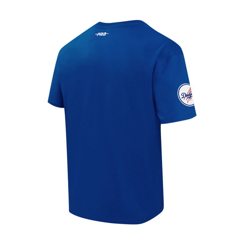 Men's blue Dodgers tee with Dodgers logo patch on sleeve; plain back