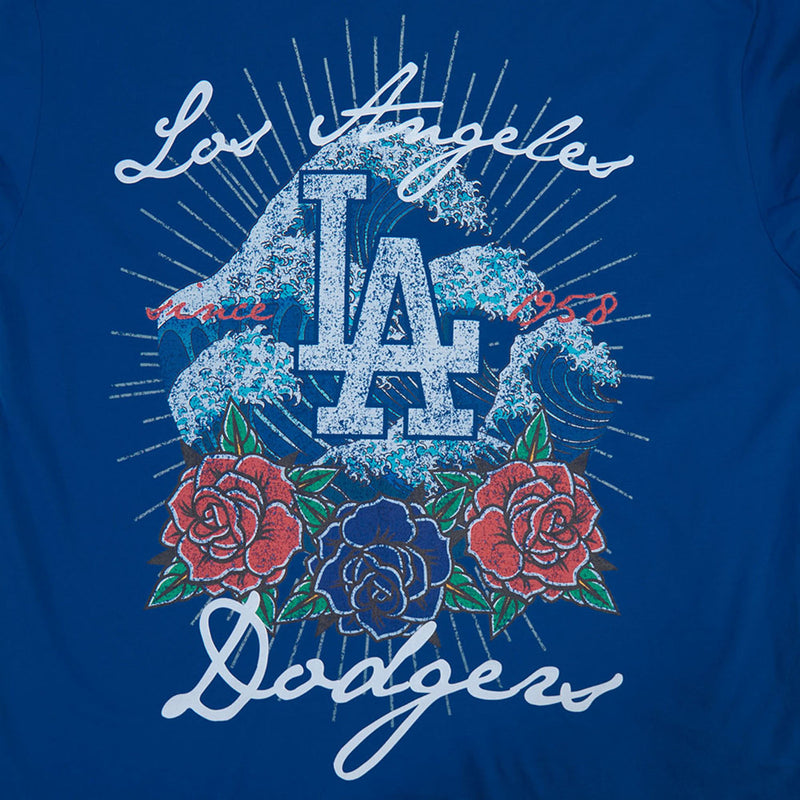Men's blue Dodgers tee close-up: LA cross wave graphic with red and blue roses