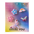 Colorful Jibbitz charms card: rainbow cloud, butterflies, paw print, bug design