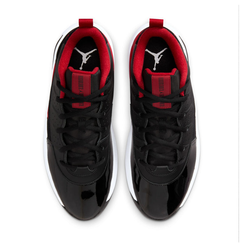 Men's black basketball shoes pair, top view with red-lined tongues and lace eyelets.