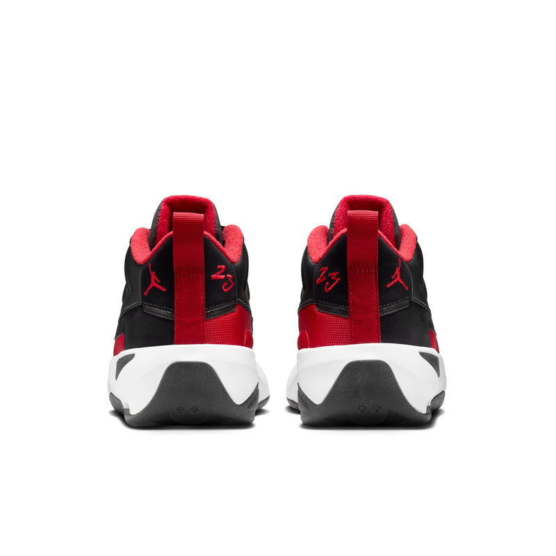 Men's black basketball shoes pair, heel view with red pull tabs and white midsole.