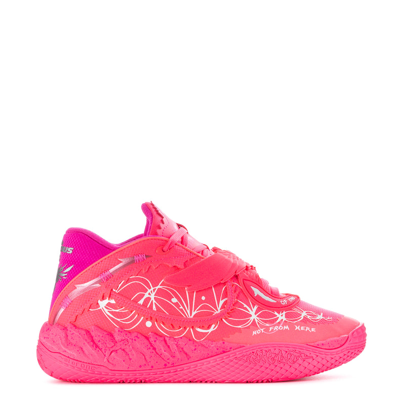 Pink low-top men's sneakers with white graphic overlay and textured rubber sole.