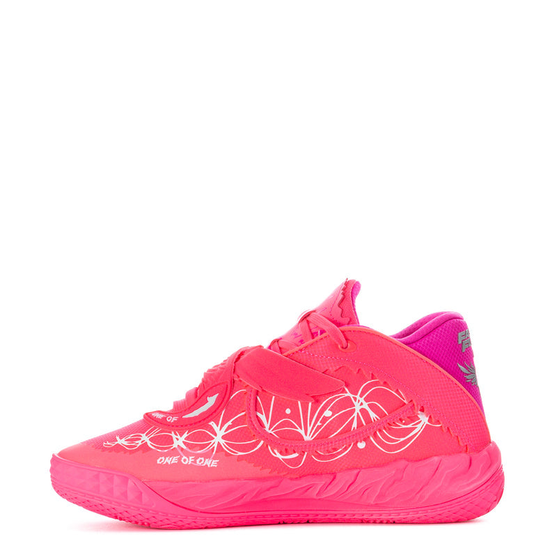 Pink low-top sneaker with white line artwork on the side and lace-up front.