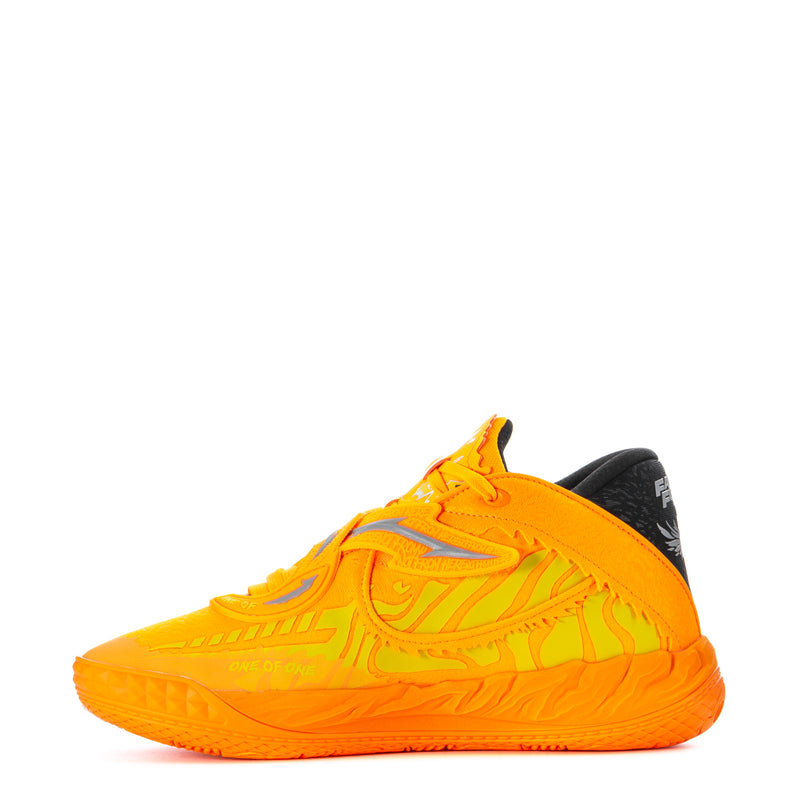 Men's orange and yellow sneaker, side view with black heel detail