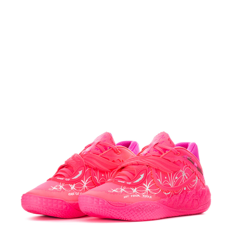 Pink sneakers with white graphic lines, visible stitching, and textured tread sole.