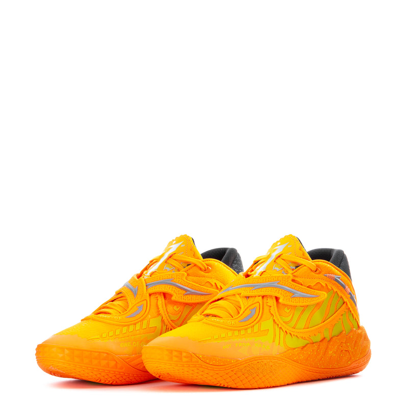 Men's orange and yellow athletic sneakers, toe-and-top view