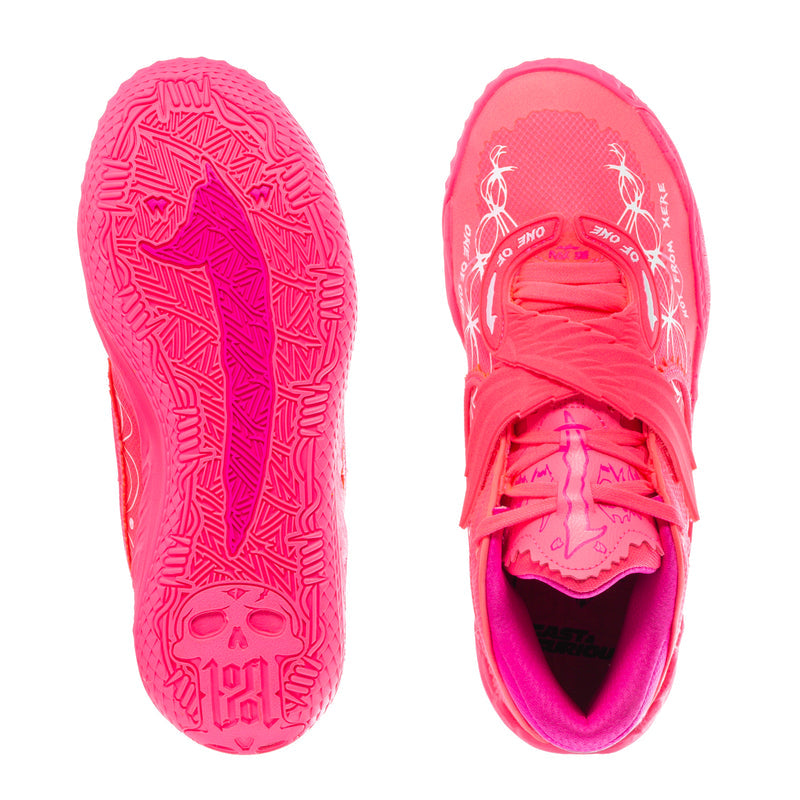 Pink sneakers shown from the outsole and open toe, with patterned tread detail.