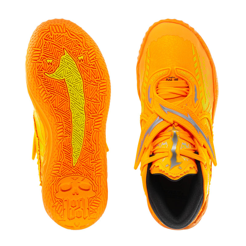 Men's orange athletic sneakers, showing treaded outsole and inside view