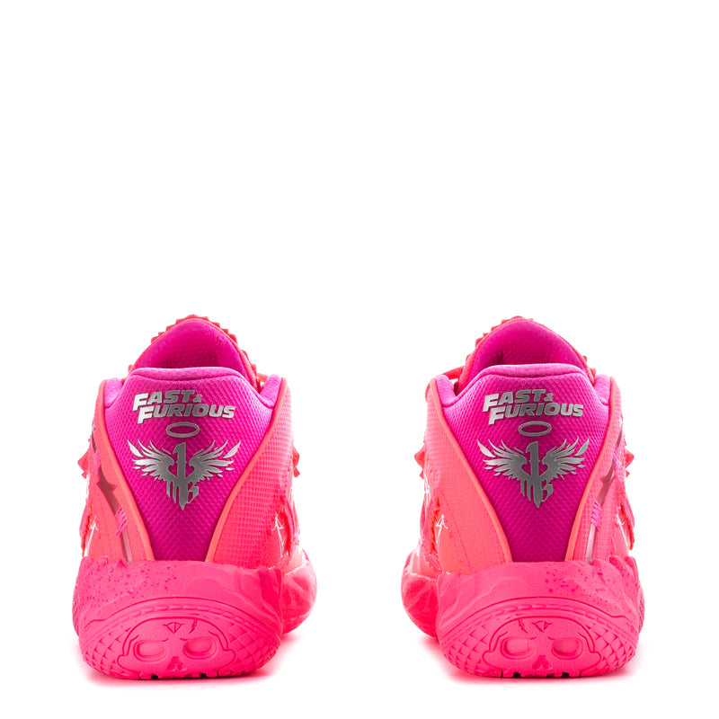 Pink sneakers with 'Fast & Furious' heel logo and palm tree graphic.