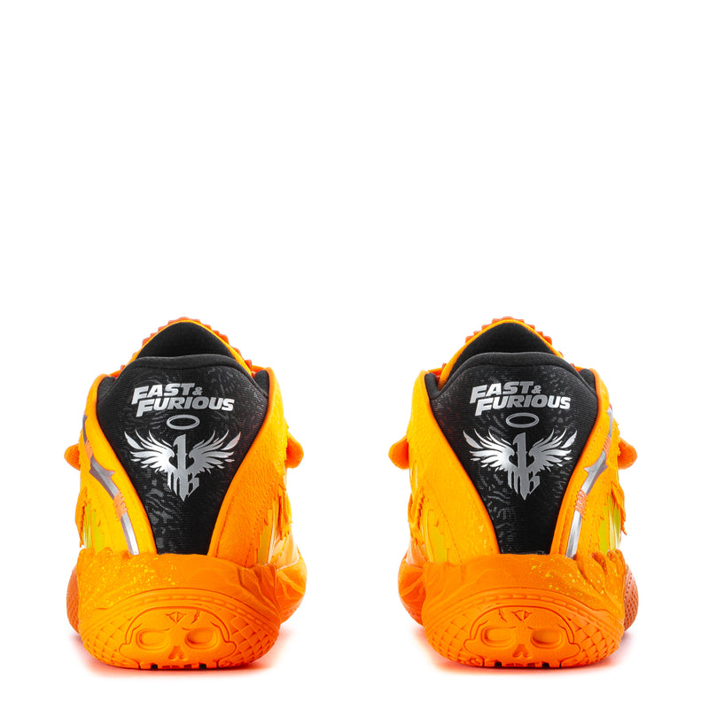 Men's orange sneakers, heel view with black back panel and 'FAST FURIOUS' print