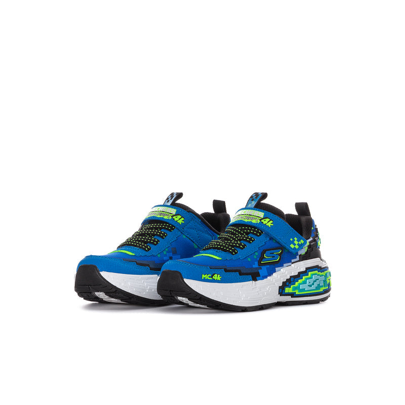 Kids' blue sneakers, side view, with pixel-style green accents and white midsole