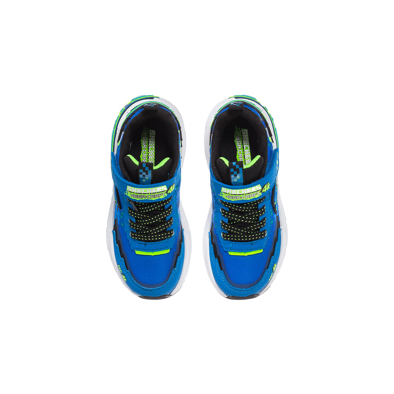 Kids' blue sneakers, top view, with green neon lace loops and black lining
