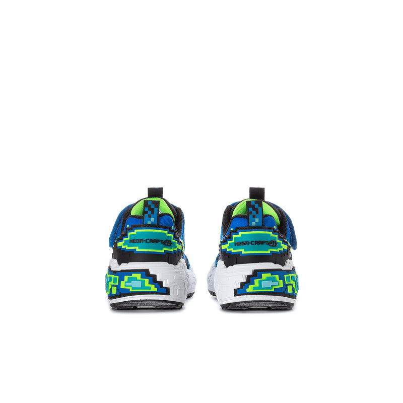 Kids' blue sneakers, back view, with green pixel print on heels and black pull tabs