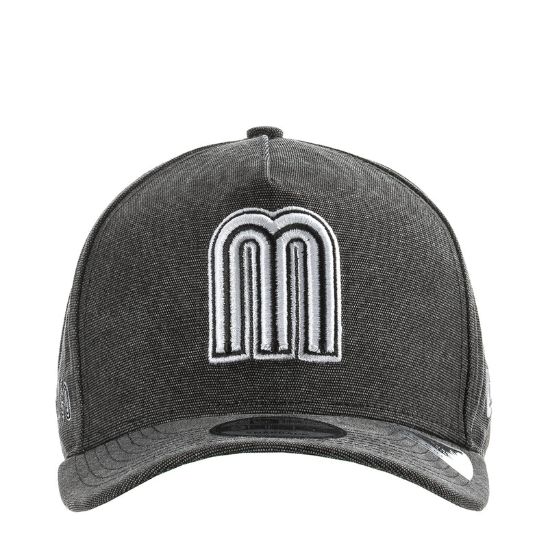Washed black denim baseball cap with white Mexico 'M' logo on front