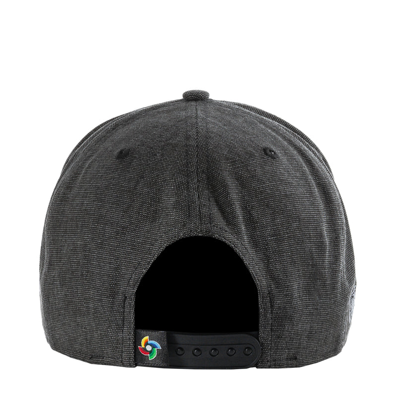 Washed black denim baseball cap back with ventilation eyelets and snapback strap