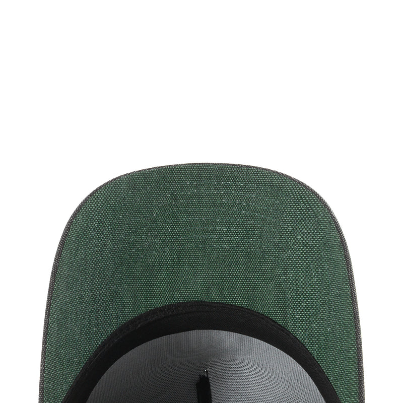 Green denim baseball cap crown with black trim on the front