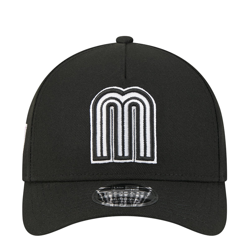 Black baseball cap with white arch logo front and small oval brand patch