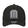 Black baseball cap with white arch logo front and small oval brand patch