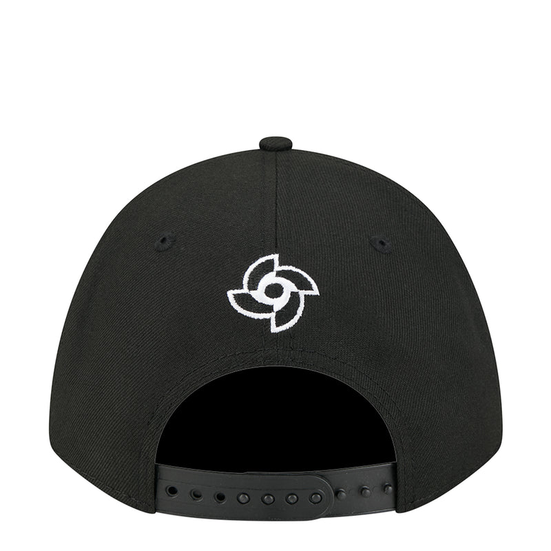 Black baseball cap with white back emblem above snapback strap