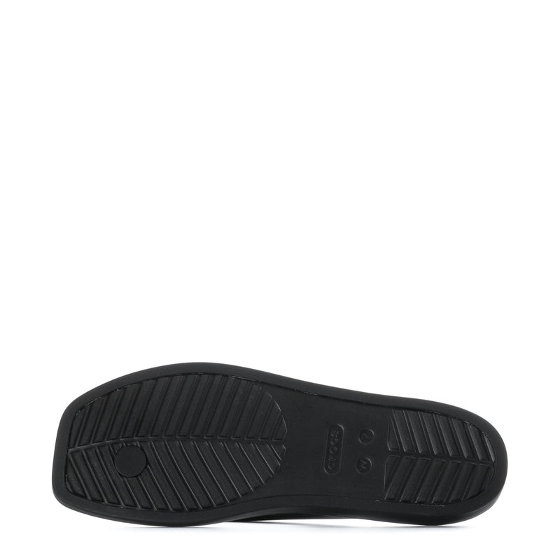 Women's black flip-flop outsole with ribbed tread and logo detailing
