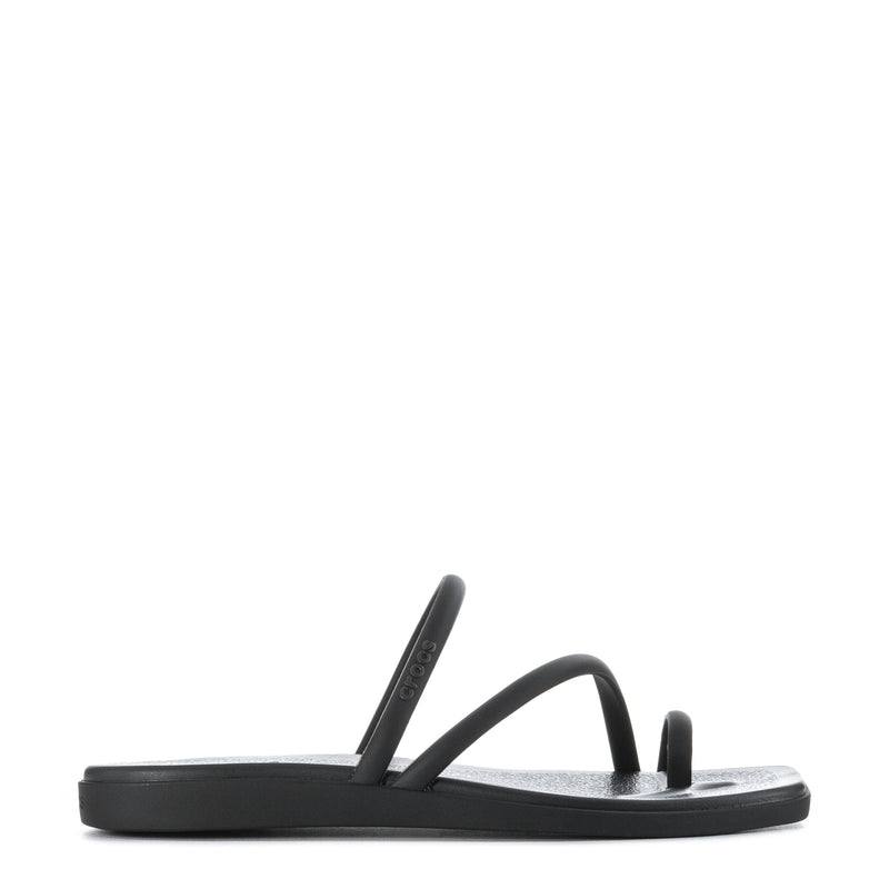 Black toe-loop slide sandal with thin straps and molded footbed