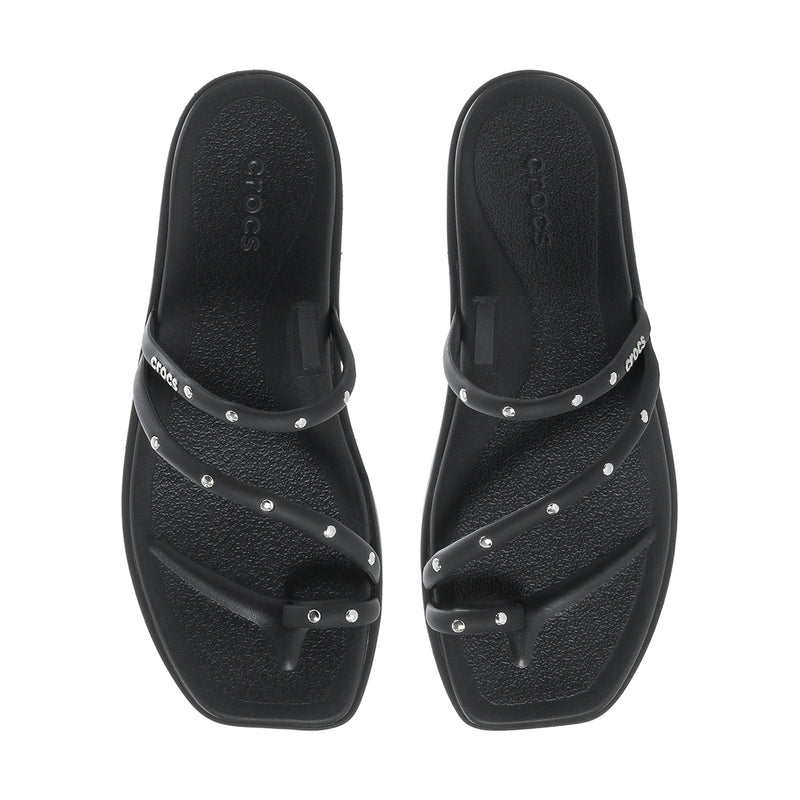 Pair of black studded toe loop sandals, front straps and toe bridge