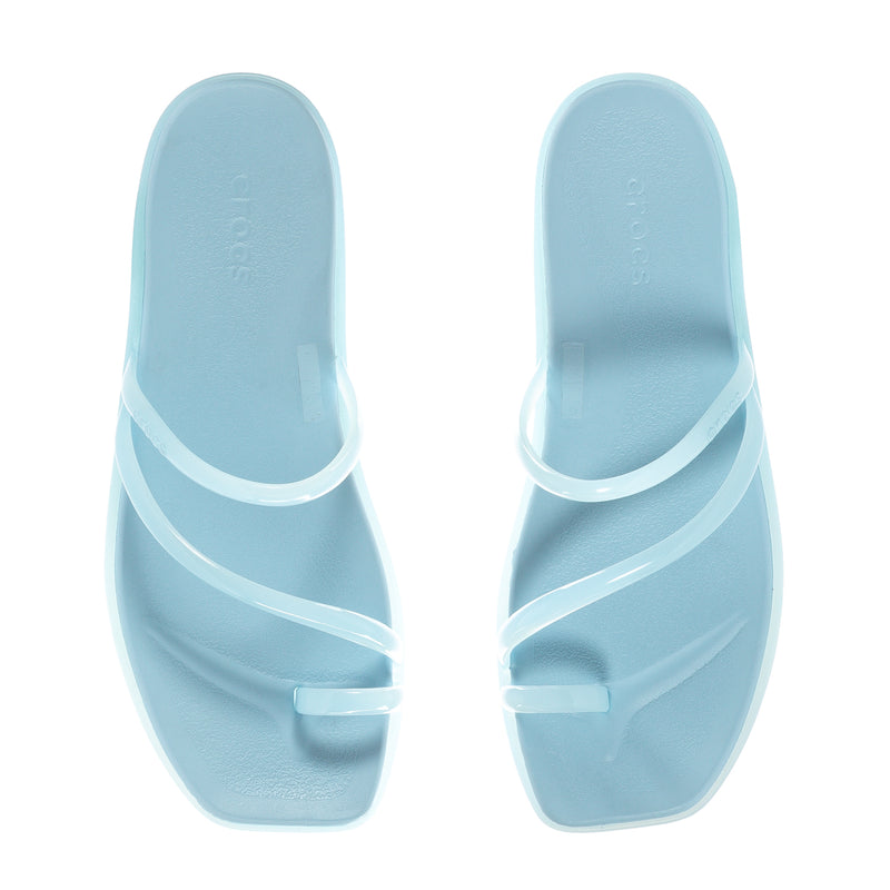 Sky blue toe-loop slide sandals, front view with clear cross-strap details