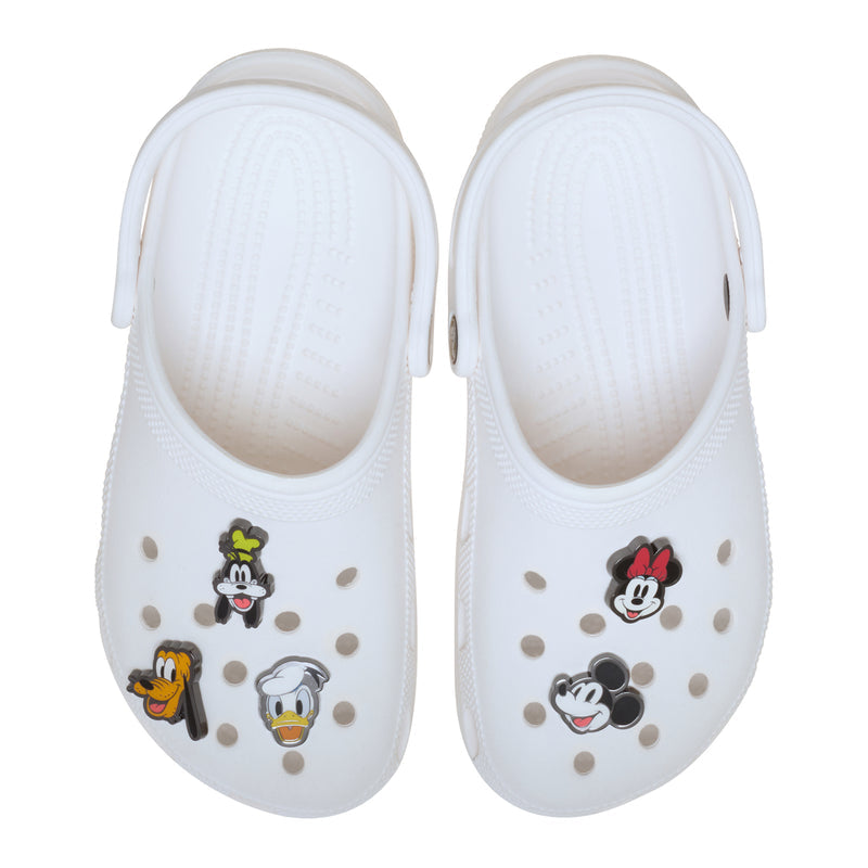 White clogs with Mickey, Minnie, Donald, Goofy, and Pluto metal Jibbitz charms