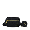 Black sherpa camera bag with gold zipper, plus matching mini crossbody pouch