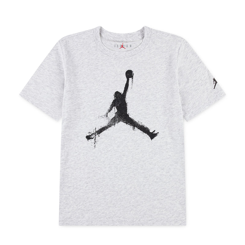 Youth heather T-shirt with large black Jumpman graphic and small red logo near collar
