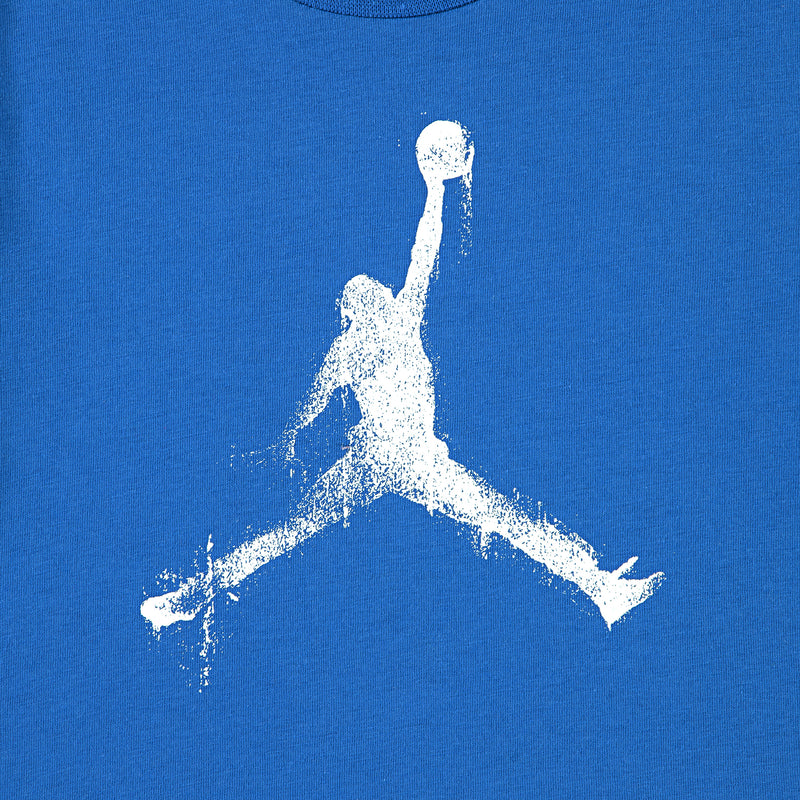 Youth blue Jumpman T-shirt front graphic close-up with white Jumpman print