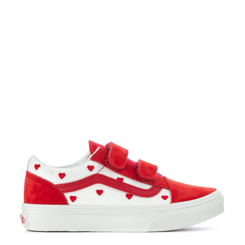 Kids red and white Velcro sneakers with heart pattern and side stripe