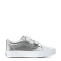 Kids silver glitter side sneakers with two Velcro straps and white rubber sole