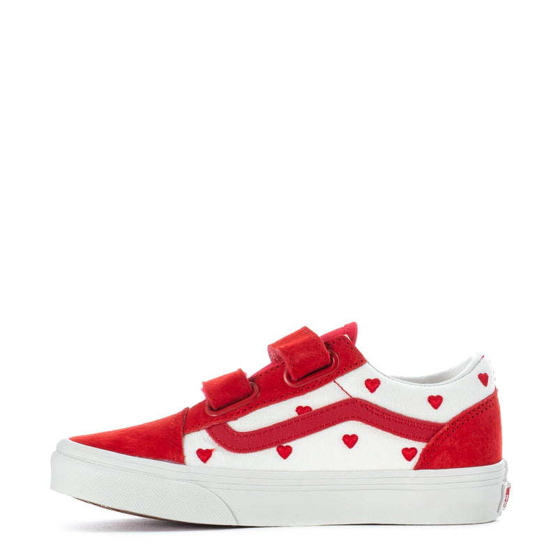 Kids red and white low-top sneakers with double hook-and-loop straps and hearts