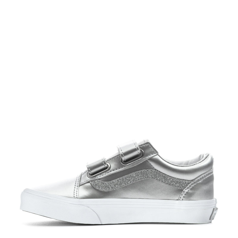 Kids silver metallic sneakers with two Velcro straps and white low-profile sole