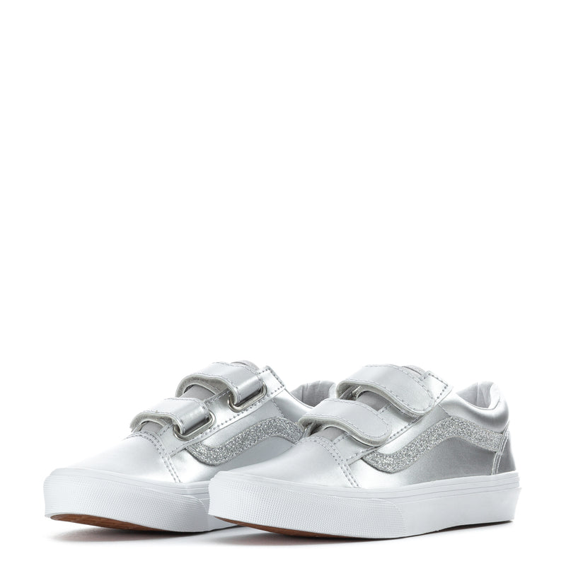 Pair of kids silver metallic sneakers with dual Velcro straps and white cupsole