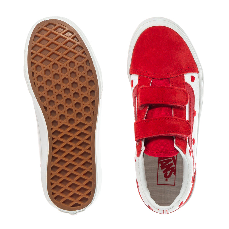 Kids red and white sneaker outsole and inside view with hook-and-loop strap