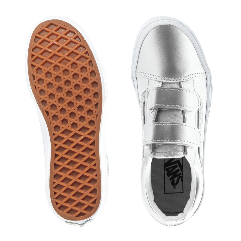 Kids silver sneakers with tan waffle outsole and 'VANS' interior label